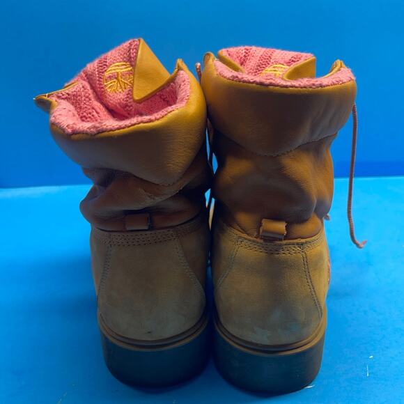 TIMBERLAND Women's sz 10 M Boots Shoes Tan Leather with Pink Lined Fold Over - Picture 3 of 10